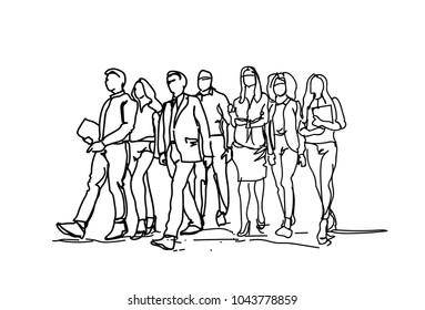 Group Of Hand Drawn Business People Walking Forward, Sketch Businesspeople Team Of Professionals On White Background Vector Illustration