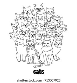 Group of hand drawn cats, standing in a circle, black and white