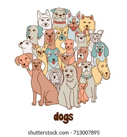 Group of hand drawn dogs, standing in a circle