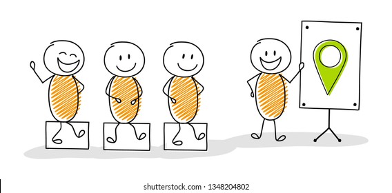 Group of a hand drawn funny stickmen with whiteboard and gps - navigation icon. Vector