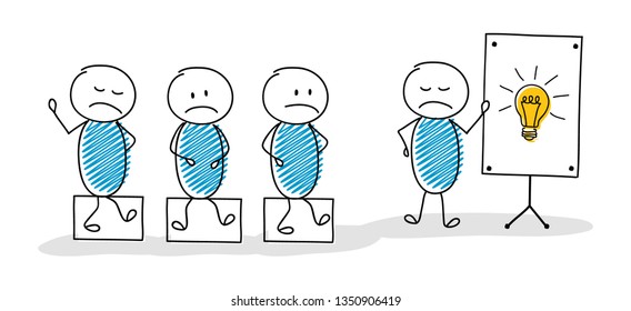 Group of a hand drawn funny stickmen with whiteboard and light bulb icon. Vector