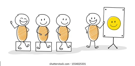 Group of a hand drawn funny stickmen with whiteboard and smiley emoticon. Vector