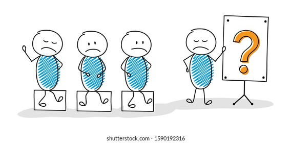 Group of a hand drawn funny stickmen with whiteboard and question mark icon. Vector