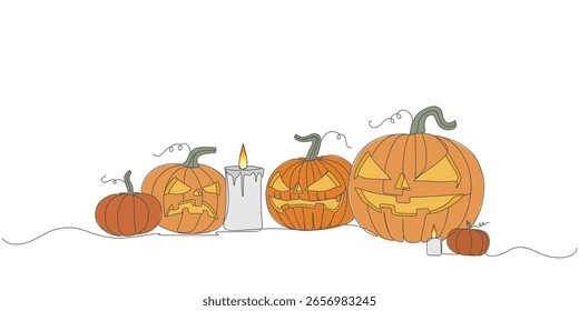Grupo de calabazas de Halloween dibujadas a mano con caras talladas y velas aisladas sobre fondo blanco
