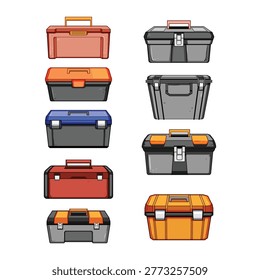 Group of hand drawn illustration style tool cases displaying various colors and designs, symbolizing organization, storage, and utility for different projects