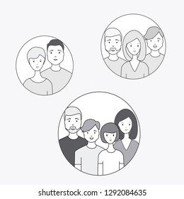 Group of hand drawn people, couple, three, four people. Family, friends or workers illustration vector. Round circle icon.