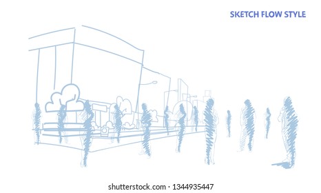 group of hand drawn people crowd over city street  