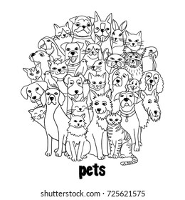 Group of hand drawn pets, like cats, dogs, birds, hamster, bunnies, standing in a circle