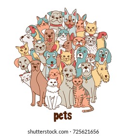 Group of hand drawn pets, like cats, dogs, birds, hamster, bunnies, standing in a circle