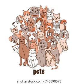 Group of hand drawn pets, like cats, dogs, birds, hamster, bunnies, standing in a circle
