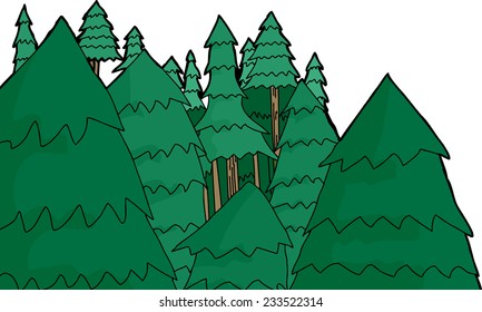 Group of hand drawn pine trees over white