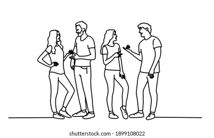 Group of hand drawn talking young people. Vector line.