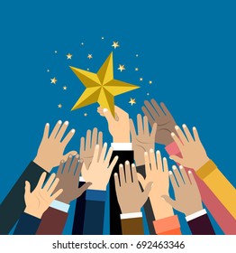 Group of hand reaching for the star. Business success, achieving the goal, challenge concept. Vector illustration. Flat style design