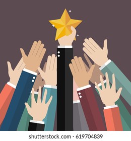 Group of hand reaching for the star. Vector illustration