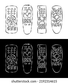 Group hand remote control. Multimedia panel with shift buttons. Program device. Wireless console. Sketch of universal electronic controller. Hand drawn illustration on white and black background svg
