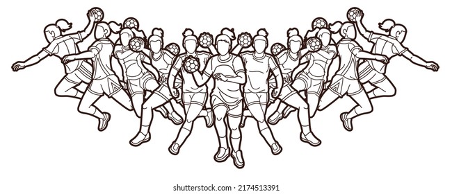 Gruppe Handball weibliche Spieler Cartoon Sport Action Graphic Vektor