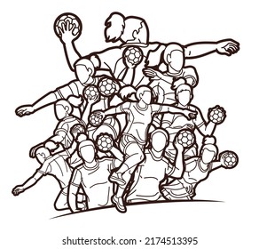 Group of Handball Female Players  Cartoon Sport Action Graphic Vector