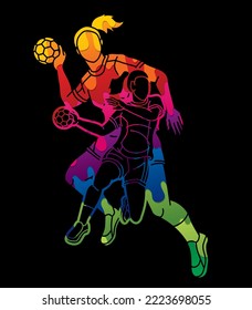 Group of Handball Female Players Mix Action Cartoon Sport Graphic Vector