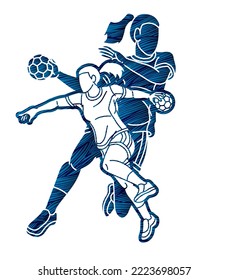 Group of Handball Female Players Mix Action Cartoon Sport Graphic Vector