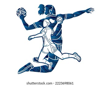 Group of Handball Female Players Mix Action Cartoon Sport Graphic Vector