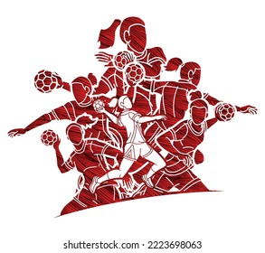 Group of Handball Female Players Mix Action Cartoon Sport Graphic Vector