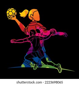 Group of Handball Female Players Mix Action Cartoon Sport Graphic Vector