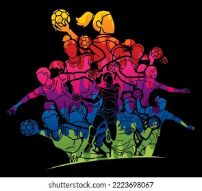 Group of Handball Female Players Mix Action Cartoon Sport Graphic Vector