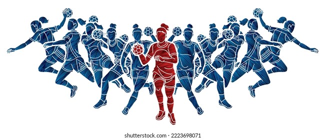 Group of Handball Female Players Mix Action Cartoon Sport Graphic Vector