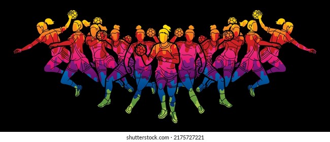 Group of Handball Female Players Sport Team Action Cartoon Graphic Vector