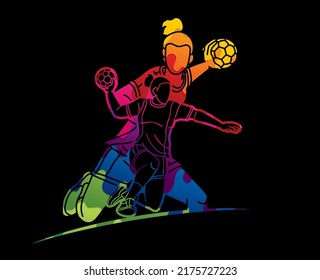 Group of Handball Female Players Sport Team Action Cartoon Graphic Vector