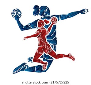 Group of Handball Female Players Sport Team Action Cartoon Graphic Vector