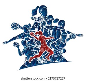 Group of Handball Female Players Sport Team Action Cartoon Graphic Vector