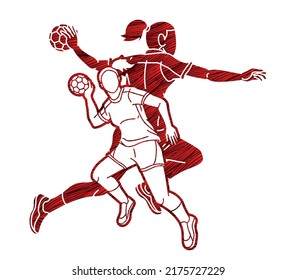 Group of Handball Female Players Sport Team Action Cartoon Graphic Vector