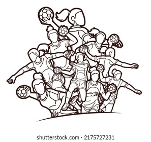 Group of Handball Female Players Sport Team Action Cartoon Graphic Vector