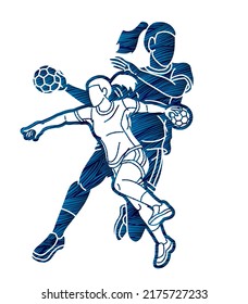 Group of Handball Female Players Sport Team Action Cartoon Graphic Vector