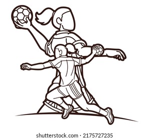 Group of Handball Female Players Sport Team Action Cartoon Graphic Vector