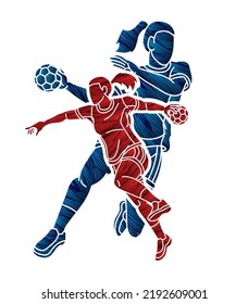 Group of Handball Players Female Mix Action Cartoon Sport Graphic Vector