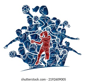 Group of Handball Players Female Mix Action Cartoon Sport Graphic Vector