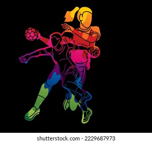 Group of Handball Players  Female Mix Action Cartoon Sport Team Graphic Vector