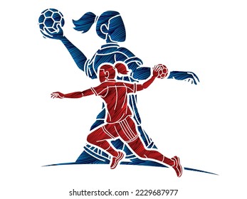 Group of Handball Players  Female Mix Action Cartoon Sport Team Graphic Vector