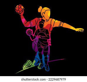 Group of Handball Players  Female Mix Action Cartoon Sport Team Graphic Vector