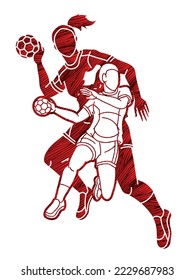 Group of Handball Players  Female Mix Action Cartoon Sport Team Graphic Vector