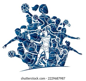 Group of Handball Players  Female Mix Action Cartoon Sport Team Graphic Vector