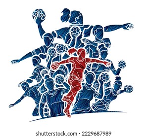 Group of Handball Players  Female Mix Action Cartoon Sport Team Graphic Vector