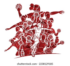 Group of Handball Players Female Mix Action Cartoon Sport Team Graphic Vector