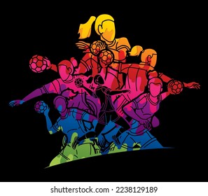 Group of Handball Players Female Mix Action Cartoon Sport Team Graphic Vector