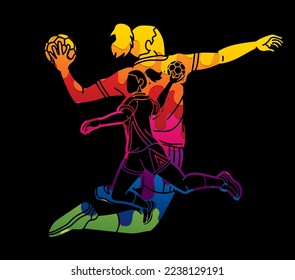 Group of Handball Players Female Mix Action Cartoon Sport Team Graphic Vector