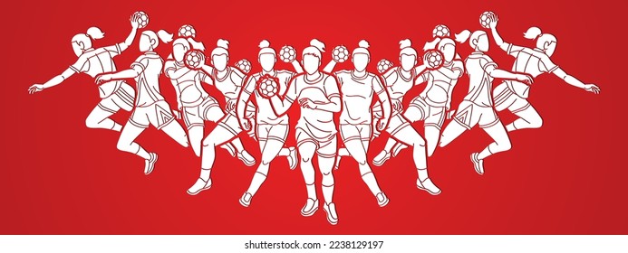 Group of Handball Players Female Mix Action Cartoon Sport Team Graphic Vector