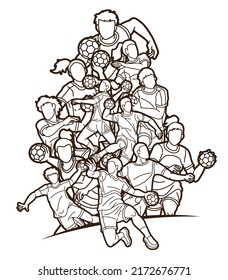 Group of Handball Players Male and Female Cartoon Sport Action 