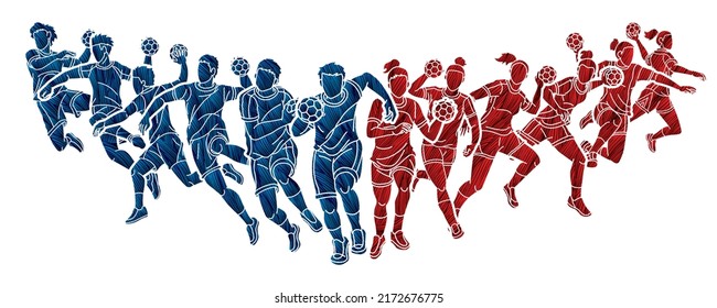 Group of Handball Players Male and Female Cartoon Sport Action 